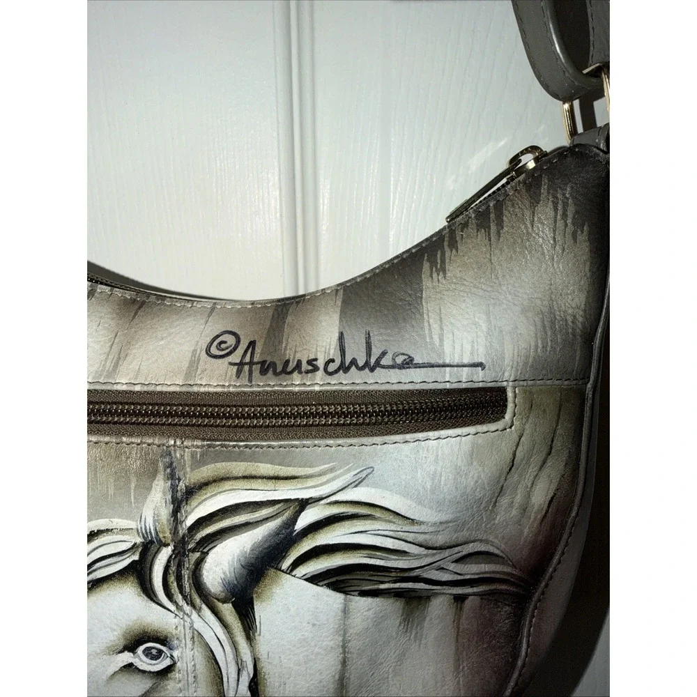 Anuschka Hand Painted Zip Hobo Grey Horse Equestrian Western Leather Handbag